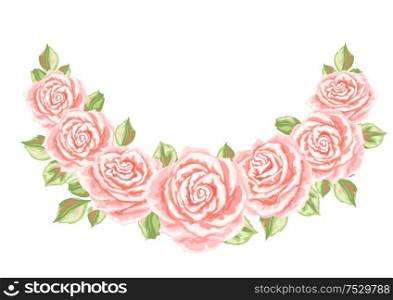 Decorative element with pink roses. Beautiful realistic flowers, buds and leaves.. Decorative element with pink roses.