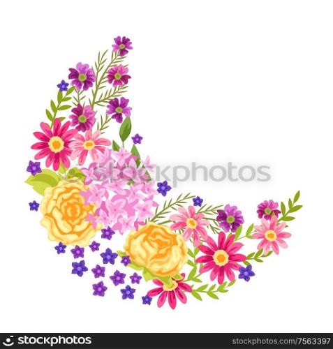 Decorative element with pretty flowers. Beautiful decorative natural plants, buds and leaves.. Decorative element with pretty flowers.