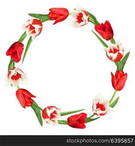 Decorative element with red and white tulips. Beautiful realistic flowers, buds and leaves. Decorative element with red and white tulips. Beautiful realistic flowers, buds and leaves.