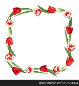 Decorative element with red and white tulips. Beautiful realistic flowers, buds and leaves. Decorative element with red and white tulips. Beautiful realistic flowers, buds and leaves.