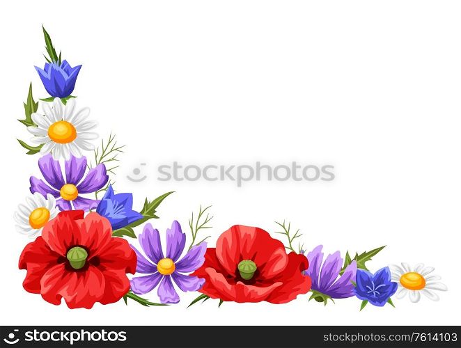 Decorative element with summer flowers. Beautiful realistic poppies, daisies and bells.. Decorative element with summer flowers.