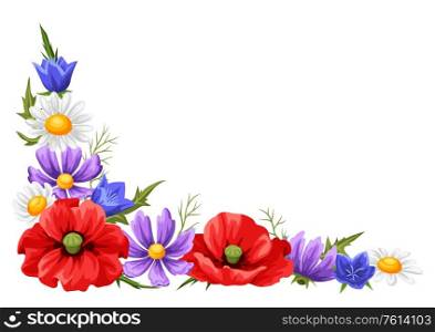 Decorative element with summer flowers. Beautiful realistic poppies, daisies and bells.. Decorative element with summer flowers.