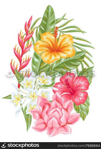 Decorative element with tropical flowers and leaves. Exotic foliage, palms and plants.. Decorative element with tropical flowers and leaves.