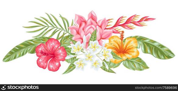 Decorative element with tropical flowers and leaves. Exotic foliage, palms and plants.. Decorative element with tropical flowers and leaves.