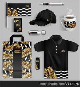Decorative elements of corporate identity with gold palm leaves in realistic style with pen usb flash drive bag cup baseball cap isolated vector illustration. Advertising Of Corporate Identity With Gold Palm Leaves