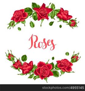 Decorative elements with red roses. Beautiful realistic flowers, buds and leaves. Decorative elements with red roses. Beautiful realistic flowers, buds and leaves.