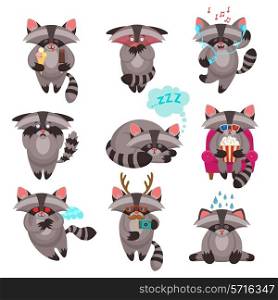 Decorative emotions expression funny raccoon mascot symbols icons collections of love sadness happiness abstract isolated vector illustration