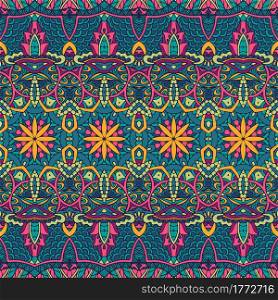 Decorative ethnic pattern for fabric. Geometric mandala art colorful seamless pattern ornamental.. Vector seamless pattern ethnic tribal geometry psychedelic colorful fabric print