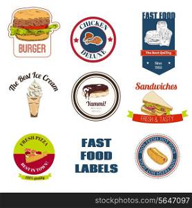 Decorative fast food restaurants and speed service shops takeaway chicken pizza hotdog labels collection isolated vector illustration