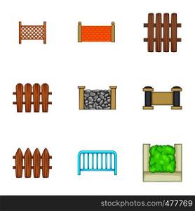 Decorative fences icons set. Cartoon set of 9 decorative fences vector icons for web isolated on white background. Decorative fences icons set, cartoon style