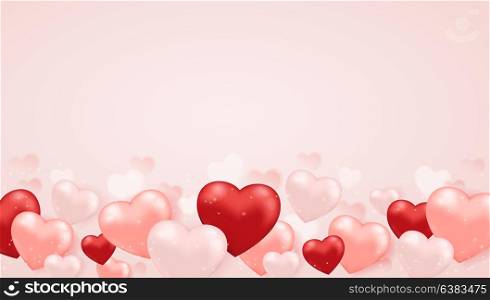 Decorative festive horizontal background for Valentine&rsquo;s day with pink and red heart balloons. Vector illustration.