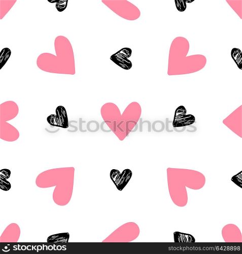 Decorative festive seamless pattern with pink and black hearts on a white background. Vector background for Valentine&rsquo;s day