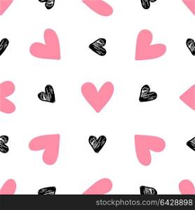 Decorative festive seamless pattern with pink and black hearts on a white background. Vector background for Valentine&rsquo;s day