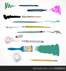 Decorative fiber marker pen ink traces and flat brush paint strokes icons set doodle sketch vector illustration