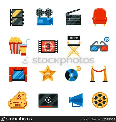 Decorative flat cinema  icons set with film festival symbols and collection of director chair 3d glasses popkorn cd disk free tickets isolated vector illustration. Flat Cinema Decorative Icons Set