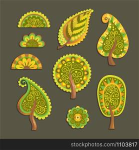 Decorative flat style vector trees floral set. Decorative flat style vector trees