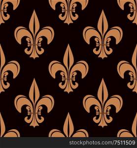 Decorative fleur-de-lis seamless pattern for classic interior or heraldry design with victorian stylized beige floral compositions on brown background . Seamless brown fleur-de-lis floral pattern