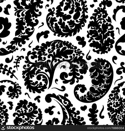Decorative flora and foliage, leaves and swirls seamless pattern. Branches and flourishing, botanical print isolated on white. Background or fabric, botany texture ornaments vector in flat style. Foliage decorative leaves and flora seamless pattern vector