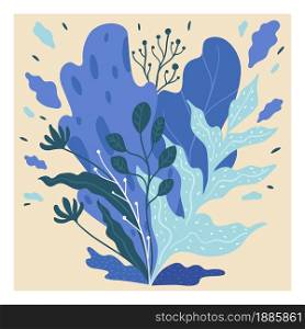 Decorative flora, blue leaves and blooming flowers. Seasonal blossom of exotic plant, ornamental botany and decor. Tropical shrubs and bushes, lush shrubbery, twigs of trees, vector in flat style. Blue foliage and branches with leaves, decorative flora