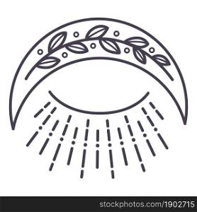 Decorative flora or botany herbs used in magic or potions. Isolated symbol of crescent moon with lines, sign of sun and unity in nature. Minimalist tattoo. Colorless line art, vector in flat style. Crescent moon with decorative flora and lines
