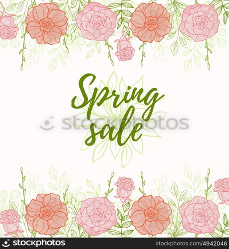 Decorative floral background for spring sale with pink flowers and green leaves