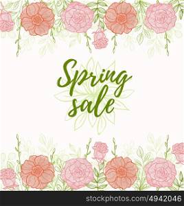 Decorative floral background for spring sale with pink flowers and green leaves