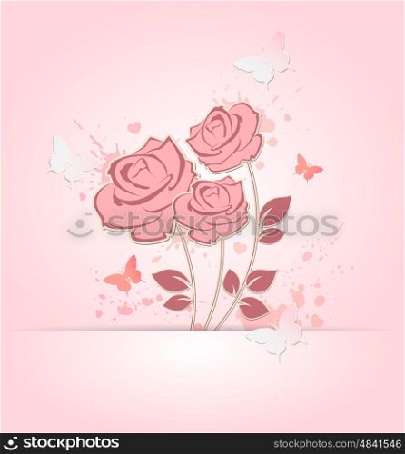 Decorative floral background with pink paper roses and butterflies