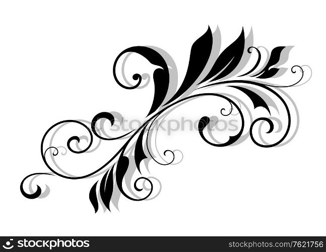Decorative floral element with shadow on white background in retro style