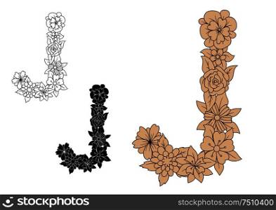 Decorative floral font brown capital letter J, adorned by fragile blooming flowers, for monogram or vintage type design