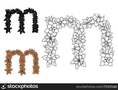 Decorative floral font lowercase letter m, with outline colorless flowers and leaves, for monogram or greeting card design . Floral decorative lowercase letter m