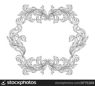 Decorative floral frame in baroque style. Engraved black curling plant. Vintage swirling border.. Decorative floral frame in baroque style. Engraved black curling plant.