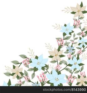 Decorative floral frame with blue and pink flowers, leaves and branches