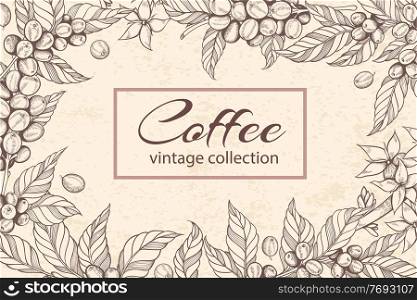 Decorative floral frame with hand drawn coffee plants and coffee beans. Vintage style. Vector illustration