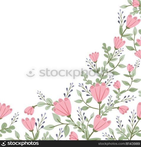 Decorative floral frame with pink flowers, leaves and branches