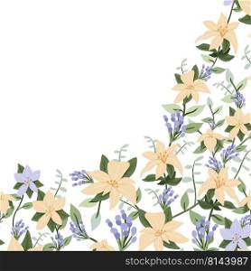 Decorative floral frame with yellow and purple flowers, leaves and branches