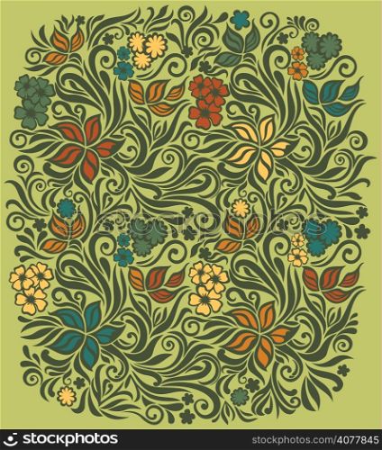 Decorative floral illustration on the olive background with flowers and leaves