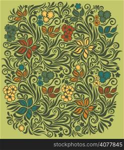Decorative floral illustration on the olive background with flowers and leaves