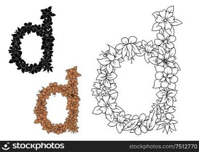 Decorative floral lowercase letter D with dainty flowers and carved leaves, isolated on white. Lowercase letter D with dainty flowers