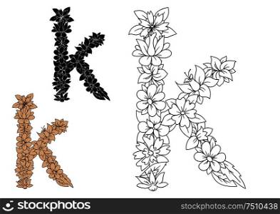 Decorative floral lowercase letter k with elegant elements of flowers and leaves, for romantic or vintage font design
