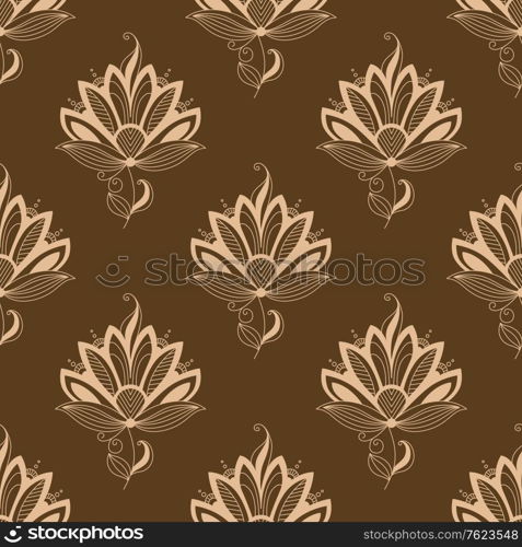 Decorative floral motif repeat seamless pattern in beige and brown in square format suitable for tile, wallpaper or textile