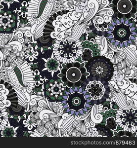 Decorative floral ornamental pattern with flowers and swirls in grey and blue colors. Vector illustration. Decorative grey floral ornamental pattern