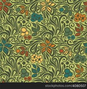 Decorative floral seamless pattern on the olive background with flowers and leaves