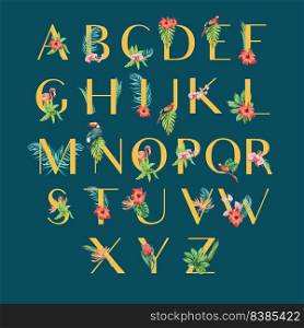 Decorative floral tropical alphabet English font. Watercolor tropic foliage and flowers ornament. 