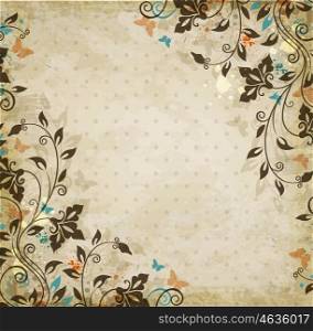 Decorative floral vintage vector background with flowers and butterflies.