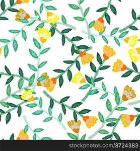 Decorative floral wallpaper. Folk flower seamless pattern in naive art style. Cute plants endless backdrop. Design for fabric, textile print, wrapping paper, cover. Vector illustration. Decorative floral wallpaper. Folk flower seamless pattern in naive art style.