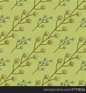 Decorative forest nature seamless pattern with beige and green berry silhouettes. Light green background. Designed for fabric design, textile print, wrapping, cover. Vector illustration.. Decorative forest nature seamless pattern with beige and green berry silhouettes. Light green background.
