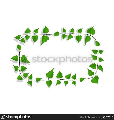 Decorative frame made of thin birch twigs and green leaves. Floral ornament for design and decoration of invitations and posters. Rectangular frames. Vector