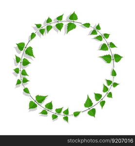 Decorative frame made of thin birch twigs and green leaves. Floral ornament for design and decoration of invitations and posters. Round frame. Vector