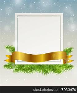 Decorative frame with golden ribbon and green fir branch. Christmas background.