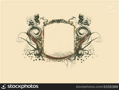 Decorative frame with heraldic ornament and sculptural elements on grunge background. vector illustration